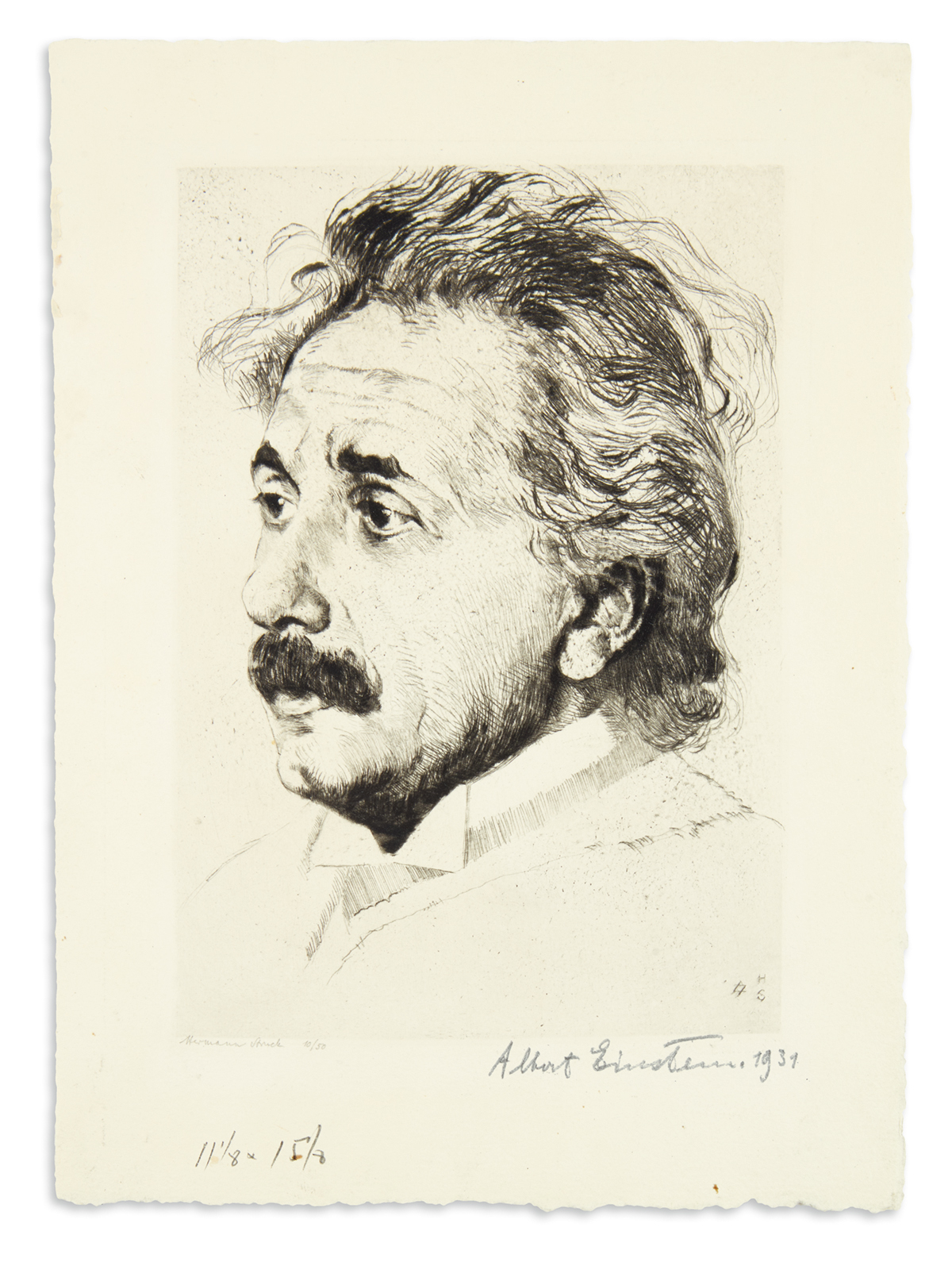(SCIENTISTS.) EINSTEIN, ALBERT. Etched bust portrait of him by Hermann Struck, Signed at lower right, in pencil, showing him in ¾ view.